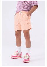 Peach Pink Multi-pocket Drawstring Beach Shorts