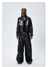 American Printed Pleated Leather Biker Jacket