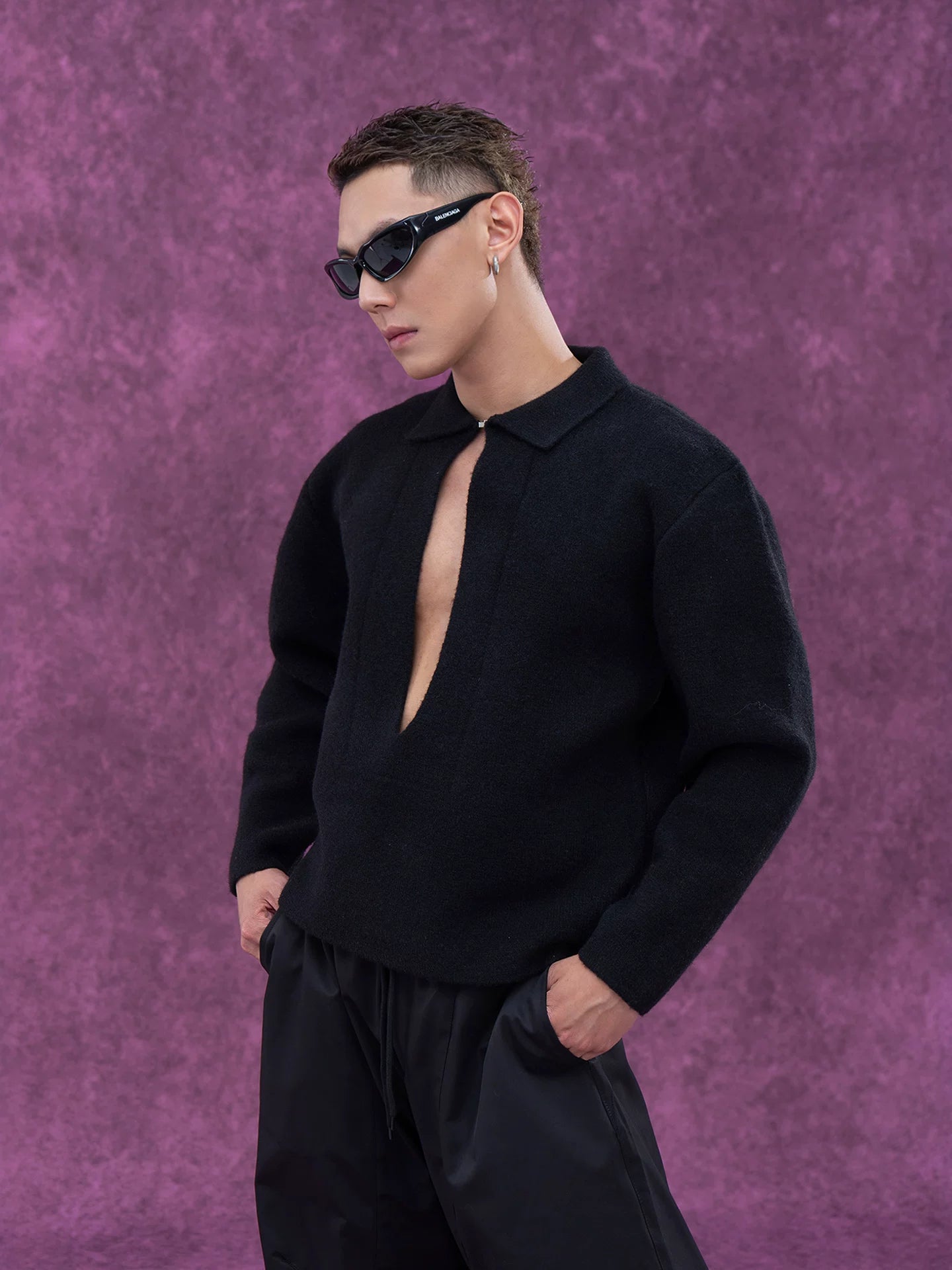 Long Charcoal V Neck Wool Sweater