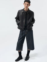 Short Stand Collar Cowhide Leather Jacket