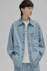 14Oz Washed Denim Asymmetric-Pocket Shirt Jacket