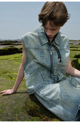 Heavy Distressed Denim Square-Collar Crop-Zip Vest
