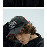 Long Brim Red Embroidered Distressed Cap