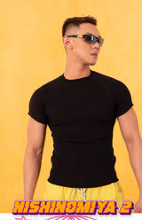 Men's Black Striped Knit Raglan Tee