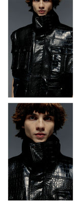 Croc Embossed Multi-pocket Sleeveless Leather Jacket