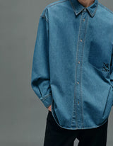 Washed Blue Oversized Embroidered Denim Shirt