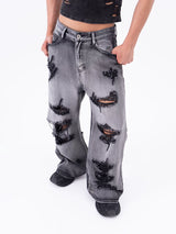 Men's Ripped Baggy Straight Charcoal Jeans