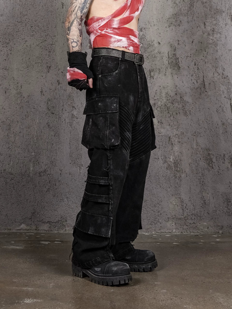 Distressed Flared Jeans With Strapped Pockets