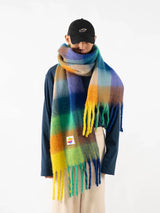 Fringed Rainbow Plaid Faux Cashmere Scarf