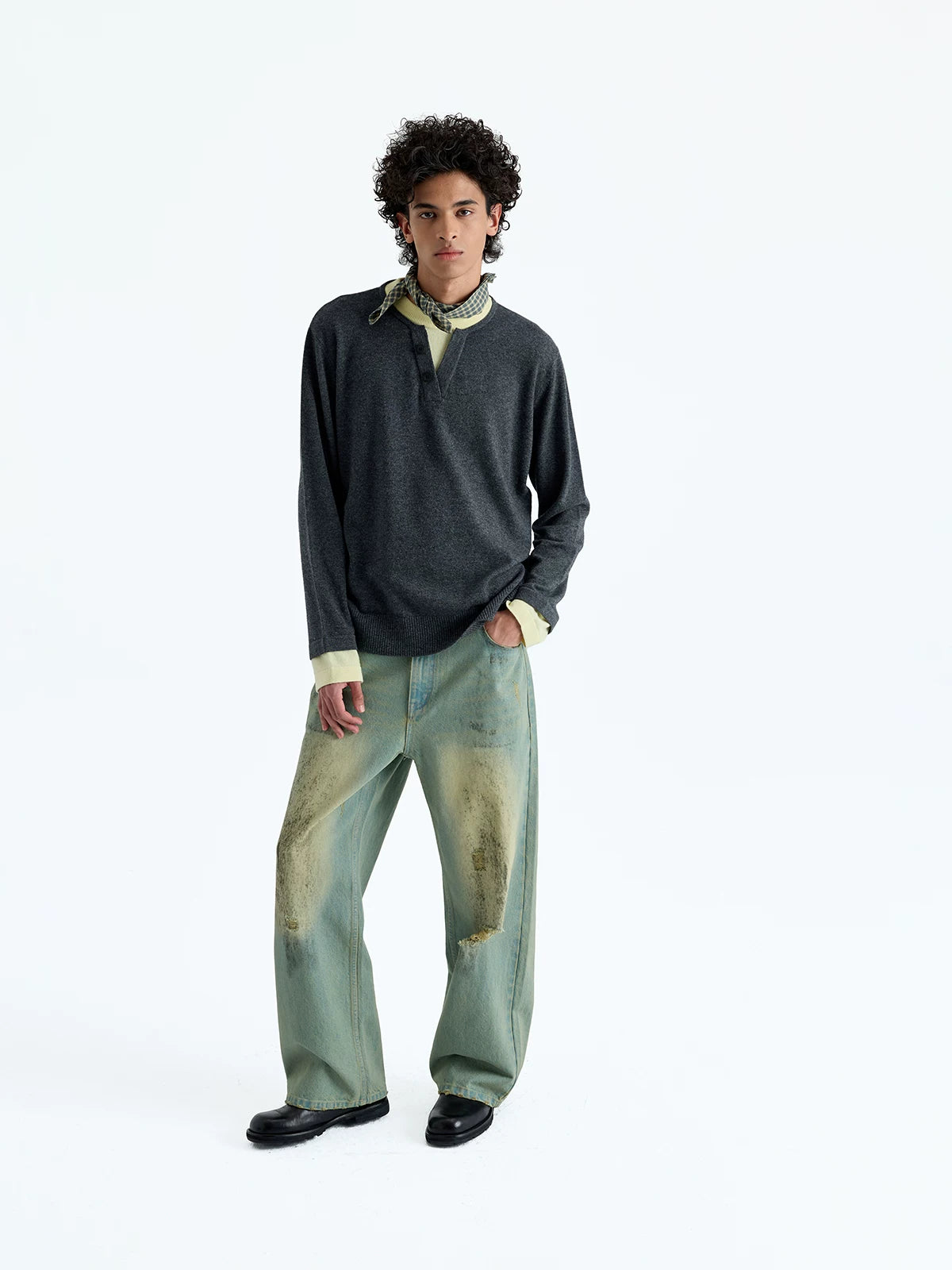Wool Blend Layered Contrast Knit Sweater