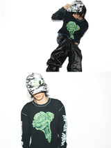 Black Green Printed Waffle Long-Sleeve Tee