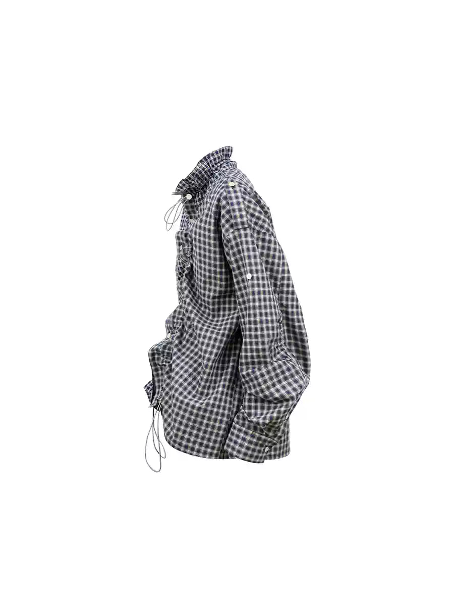 Asymmetric Plaid Puff Sleeve Shirt