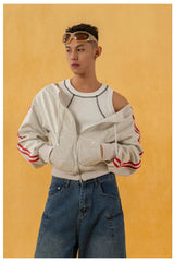 Heather Gray Striped Off-Shoulder Zip-Up Sweatshirt