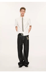 Striped And Houndstooth Short-Sleeved White Shirt