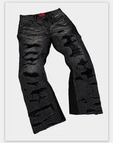 Flared Washed Distressed Patchwork Jeans