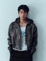 Double Zip Hooded Cropped Leather Jacket