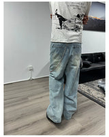 Tri-color Washed Straight Loose Jeans