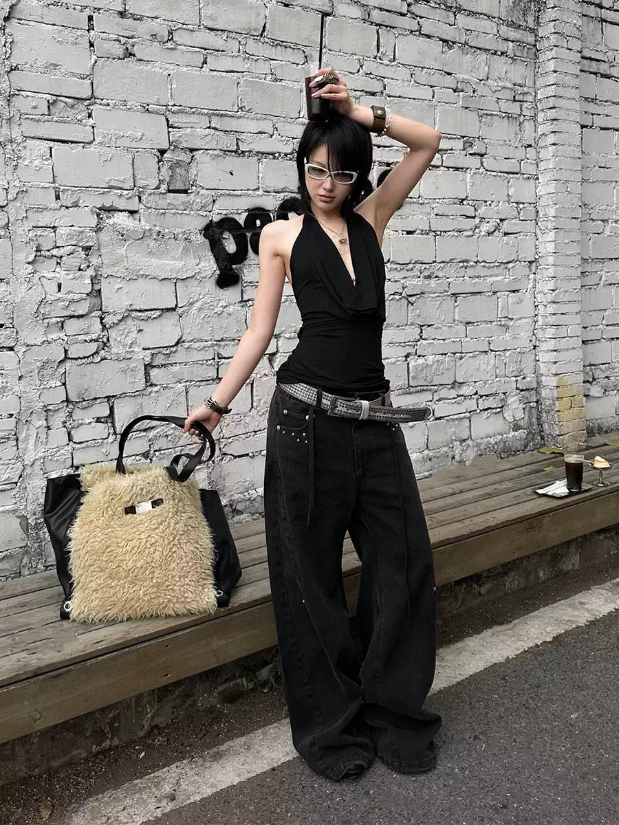 Studded Deconstructed Washed Two-tone A-line Jeans