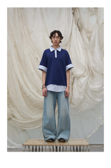 Washed Semi-Zip Relaxed Straight Leather-Patch Jeans