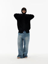 Black Hooded Faux Mink Knit Cardigan