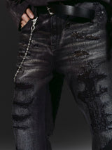 Flared Washed Distressed Patchwork Jeans