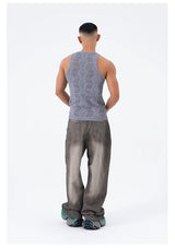 Men's Gray Vintage Distressed Wide-Leg Jeans