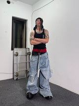 Double Waistband Drawstring Washed Blue Jeans