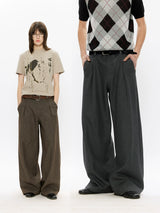 Wide Leg Pleated Wool Houndstooth Pants