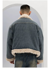 Unisex Vintage Faux Shearling Denim Puffer