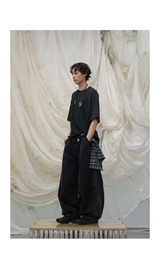 Detachable Plaid Washed Oversized Jeans