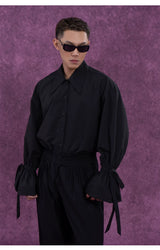 Men's Long-Sleeve Black-and-White Ruffled Sash Shirt