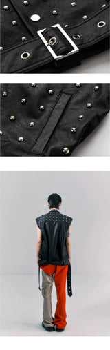 Punk Studded Wide-Shouldered Leather Vest