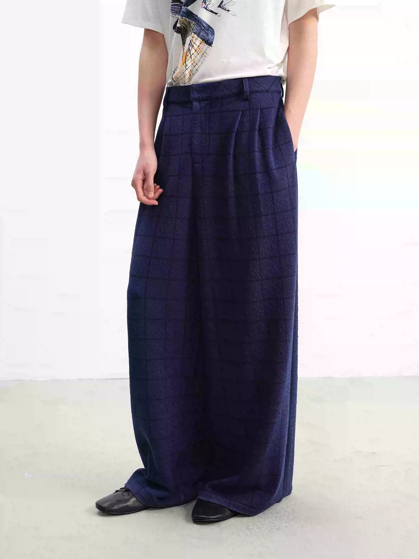 Blue-Black Plaid Pleated Casual Pants