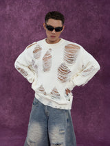 Black White Ripped Cutout Knit Sweater