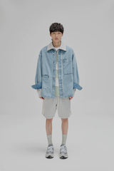 14Oz Washed Denim Asymmetric-Pocket Shirt Jacket