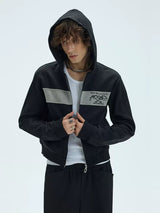 Two-Tone Cotton Embroidered Crop Zip Hoodie