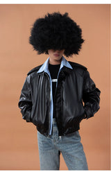 Black Shirt-Collared Faux Leather Moto Jacket