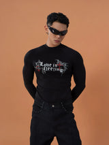Black Gothic Print Fitted Long-Sleeve Tee