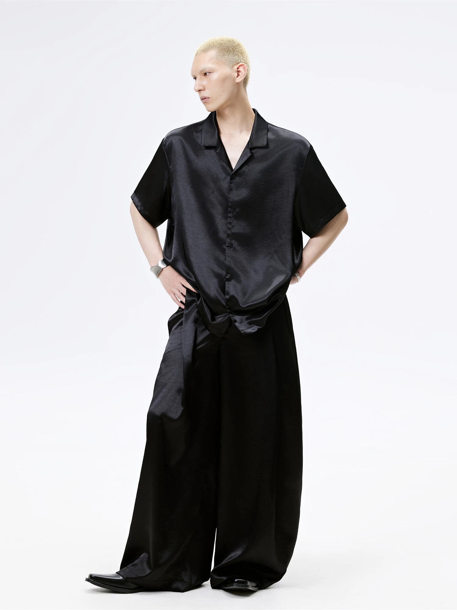 Cuban Collar Short Sleeve Satin Shirt