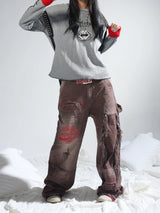 Brown Printed Washed-Distressed Wide Leg Pants