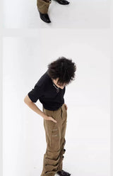 Vintage Brown Tie-Waist Wide-Leg Cargo Pants