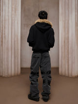 Heavy-Washed Paneled Curved Multi-pocket Cargo Jeans