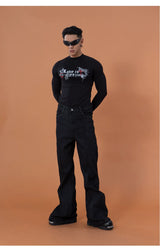 Men's Black Studded Loose Flared Jeans