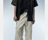 Men's Two-Tone Distressed Straight Leather Pants